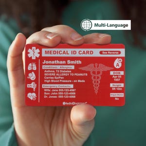 MedicEngraved® Medical ID Card, Personalized Medical Alert Emergency Wallet Card, Laser Engraved on Blue or Red Anodized Aluminum