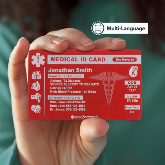 MedicEngraved® Medical ID Card, Personalized Medical Alert Emergency Wallet Card, Laser Engraved on Blue or Red Anodized Aluminum