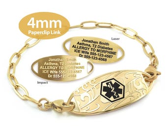 MedicEngraved® 4mm Paperclip Link Bracelet in 316L Stainless Steel Yellow Gold Finish w/Interchangeable Medical ID Tag - Engraving Included