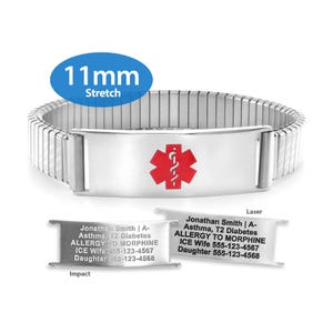 MedicEngraved® 11mm Expandable Stretch Band in Stainless Steel Finish with Medical ID Tag - Engraving Included