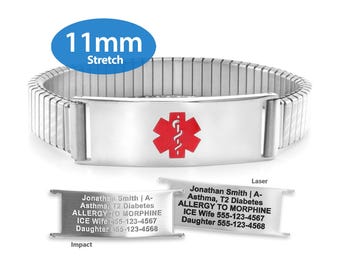 MedicEngraved® 11mm Expandable Stretch Band in Stainless Steel Finish with Medical ID Tag - Engraving Included