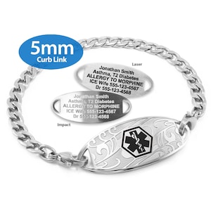 a silver-colored bracelet with a 5mm curb link attached to it. The bracelet has a medical alert charm engraved with the text "Allergy to MOPHINE Ice wife: 555-123-4567 Dr. 555-123-4568" and a medical alert symbol. The bracelet is designed to provide emergency medical assistance in case of an allergic reaction to the medication.