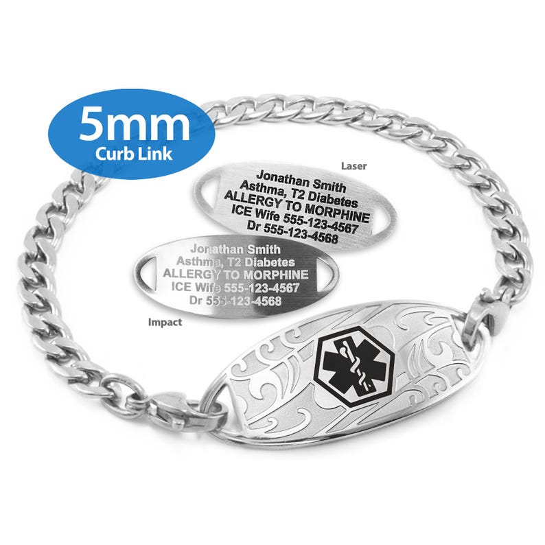 a silver-colored bracelet with a 5mm curb link attached to it. The bracelet has a medical alert charm engraved with the text "Allergy to MOPHINE Ice wife: 555-123-4567 Dr. 555-123-4568" and a medical alert symbol. The bracelet is designed to provide emergency medical assistance in case of an allergic reaction to the medication.