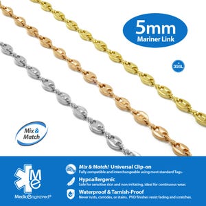 The image is a promotional advertisement for a 5mm Mariner Link chain. It features three different colored links of the chain, each with a description of its features.