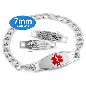 May include: A silver medical ID bracelet with a 7mm curb link chain. The bracelet has two engraved plates with medical information, including the wearer's name, allergies, and emergency contact information. The bracelet also has a red medical symbol with a snake and staff.