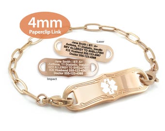 Engraved 4mm Paperclip Link Medical Alert ID Bracelet by MedicEngraved® – Rose Gold Stainless Steel