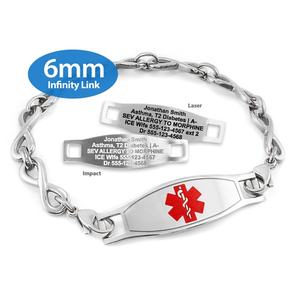 MedicEngraved™ 316L Stainless Steel 6mm Infinity Link Bracelet with Interchangeable Medical ID Tag (Star of Life) - Engraving Included