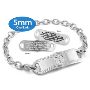 MedicEngraved™ 316L Stainless Steel 5mm Oval Link Bracelet with Interchangeable Medical ID Tag (Star of Life) - Engraving Included