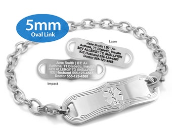 MedicEngraved™ 316L Stainless Steel 5mm Oval Link Bracelet with Interchangeable Medical ID Tag (Star of Life) - Engraving Included