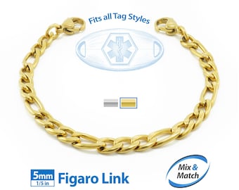 Medical Alert ID Replacement Mix & Match 5mm Figaro Bracelet Band (No Tag) by MedicEngraved® - Stainless Steel