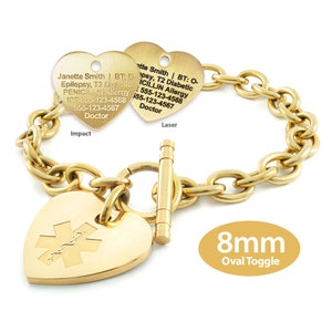 MedicEngraved™ 316L Stainless Steel 8mm Yellow Gold Finish Toggle Link Bracelet with 24x26mm Heart Medical ID Charm - Engraving Included
