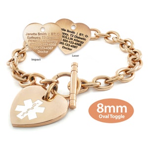 MedicEngraved™ 316L Stainless Steel 8mm Rose Gold Finish Toggle Link Bracelet with 24x26mm Heart Medical ID Charm - Engraving Included