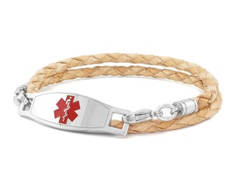 Steel Red Enamel Tag Engraving Incl. MedicEngraved Customized Leather Medical ID Bracelet w/ 316L St Steel Red Enamel Tag Engraving Incl. MedicEngraved Customized Leather Medical ID Bracelet w/ 316L St