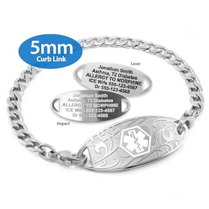 a silver-colored medical bracelet with a 5mm curb link, engraved with personalized information.