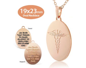 MedicEngraved® Oval Medical ID Necklace (19x23mm) in 316L Stainless Steel Rose Gold Finish with 2mm Oval Link Necklace - Engraving Included