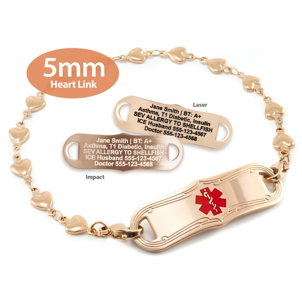 MedicEngraved™ 316L Stainless Steel 5mm Rose Gold Finish Heart Link Bracelet with Interchangeable Medical ID Tag - Engraving Included