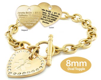 Engraved 8mm Oval Link Crystal Heart Toggle Medical Alert ID Bracelet by MedicEngraved® – Yellow Gold Stainless Steel