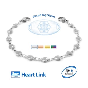 Medical Alert ID Replacement Mix & Match 5mm Heart Link Bracelet Band (No Tag) by MedicEngraved® - Stainless Steel