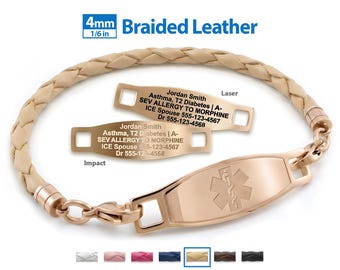 Engraved 4mm Braided Sand Beige Leather Medical Alert ID Bracelet by MedicEngraved® – Rose Gold Stainless Steel