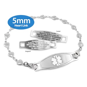 MedicEngraved™ 316L Stainless Steel 5mm Heart Link Bracelet with Interchangeable Medical ID Tag Star of Life Engraving Included image 6