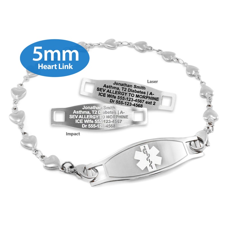 MedicEngraved™ 316L Stainless Steel 5mm Heart Link Bracelet with Interchangeable Medical ID Tag Star of Life Engraving Included image 6