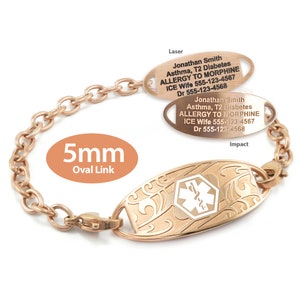 MedicEngraved™ 316L Stainless Steel 5mm Rose Gold Finish Oval Link Bracelet with Interchangeable Medical ID Tag - Engraving Included