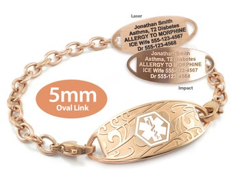 MedicEngraved™ 316L Stainless Steel 5mm Rose Gold Finish Oval Link Bracelet with Interchangeable Medical ID Tag - Engraving Included