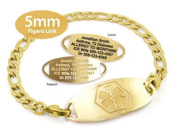 MedicEngraved® 5mm Figaro Link Bracelet in 316L Stainless Steel Yellow Gold Finish w/Interchangeable Medical ID Tag - Engraving Included