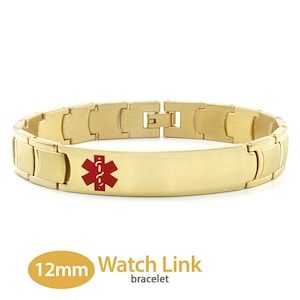 May include: Gold medical alert bracelet with a red medical symbol and a blank engraved plate. The bracelet is made of stainless steel and has a watch link style.