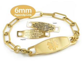 MedicEngraved® 6mm Paperclip Link Bracelet in 316L Stainless Steel Yellow Gold Finish w/Interchangeable Medical ID Tag - Engraving Included
