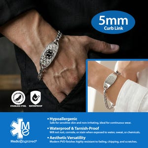 The image is a promotional advertisement for a 5mm Curb Link bracelet. It features a close-up of a person's wrist wearing the bracelet, along with a collage of images showcasing the bracelet in various settings. The advertisement highlights the bracelet's hypoallergenic properties, waterproofing, and aesthetic versatility.