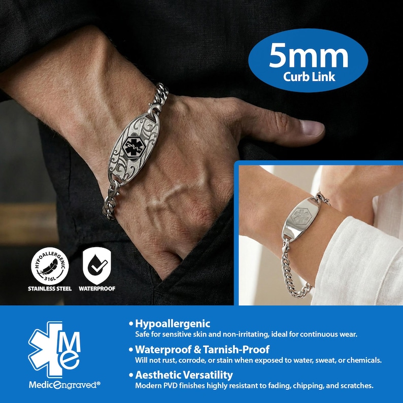 The image is a promotional advertisement for a 5mm Curb Link bracelet. It features a close-up of a person's wrist wearing the bracelet, along with a collage of images showcasing the bracelet in various settings. The advertisement highlights the bracelet's hypoallergenic properties, waterproofing, and aesthetic versatility.