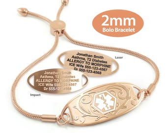 May include: Rose gold medical alert bracelet with a bolo clasp and a 2mm width. The bracelet has a personalized engraved tag with the text "Jonathan Smith, Asthma, T2 Diabetes, ALLERGY TO MORPHINE, ICE Wife 555-123-4567, Dr 555-123-4568". The tag also features a medical symbol.
