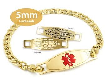 Engraved 5mm Curb Link Medical Alert ID Bracelet by MedicEngraved® – Yellow Gold Stainless Steel