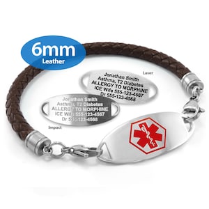 MedicEngraved® 6mm Single Wrap Brown Leather Bracelet with 316L Stainless Steel Medical ID Tag (Star of Life) - Engraving Included