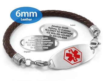 MedicEngraved® 6mm Single Wrap Brown Leather Bracelet with 316L Stainless Steel Medical ID Tag (Star of Life) - Engraving Included