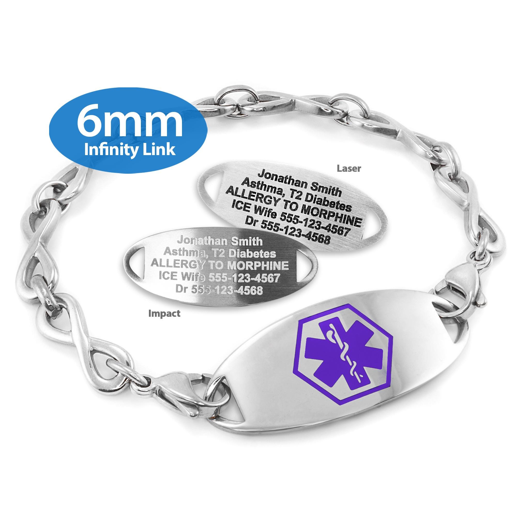 Engraved 6mm Infinity Link Medical Alert ID Bracelet by