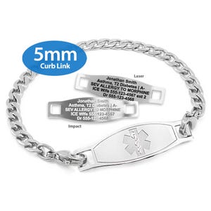 MedicEngraved® 5mm Curb Link Bracelet in 316L Stainless Steel with Interchangeable Medical ID Tag (Star of Life) - Engraving Included