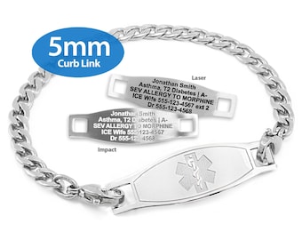 MedicEngraved® 5mm Curb Link Bracelet in 316L Stainless Steel with Interchangeable Medical ID Tag (Star of Life) - Engraving Included