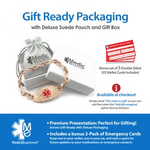 The image is an advertisement for a gift packaging service that includes a premium presentation with a deluxe pouch and gift box, as well as a set of 3 double-sided ICE wallet cards. The packaging is available at checkout, and it includes a bonus 3-pack of emergency cards. The presentation is perfect for gifting, and it arrives with Deluxe packaging. The package also includes a premium presentation for future updates to your medications or emergency contacts.