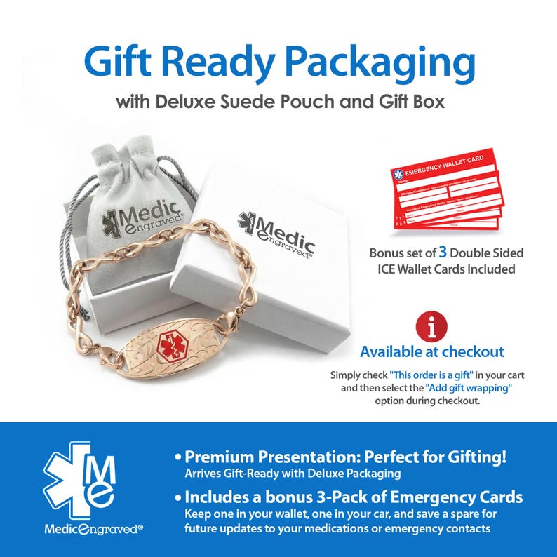 The image is an advertisement for a gift packaging service that includes a premium presentation with a deluxe pouch and gift box, as well as a set of 3 double-sided ICE wallet cards. The packaging is available at checkout, and it includes a bonus 3-pack of emergency cards. The presentation is perfect for gifting, and it arrives with Deluxe packaging. The package also includes a premium presentation for future updates to your medications or emergency contacts.