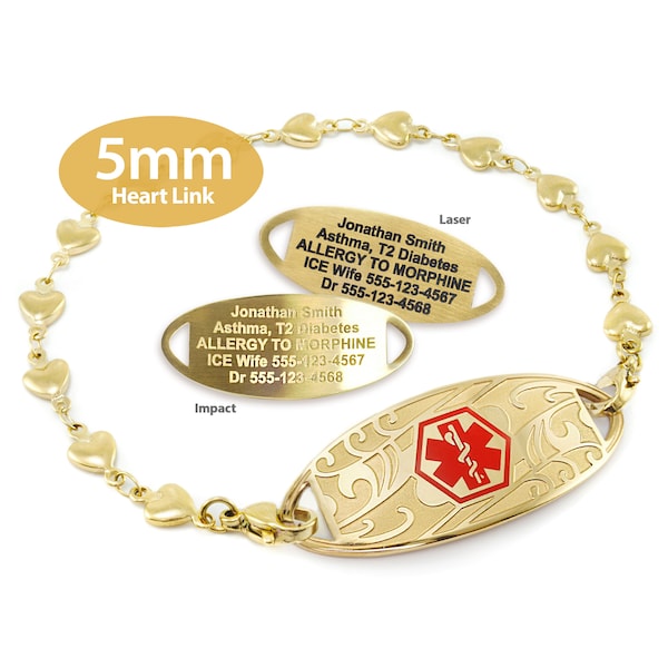 MedicEngraved™ 316L Stainless Steel 5mm Yellow Gold Finish Heart Link Bracelet with Interchangeable Medical ID Tag - Engraving Included