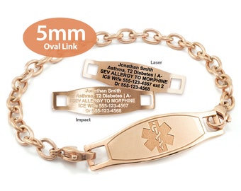 MedicEngraved™ 316L Stainless Steel 5mm Rose Gold Finish Oval Link Bracelet with Interchangeable Medical ID Tag - Engraving Included