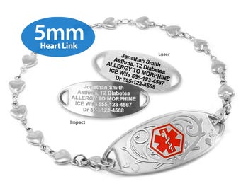 Engraved 5mm Heart Link Medical Alert ID Bracelet by MedicEngraved® – Stainless Steel