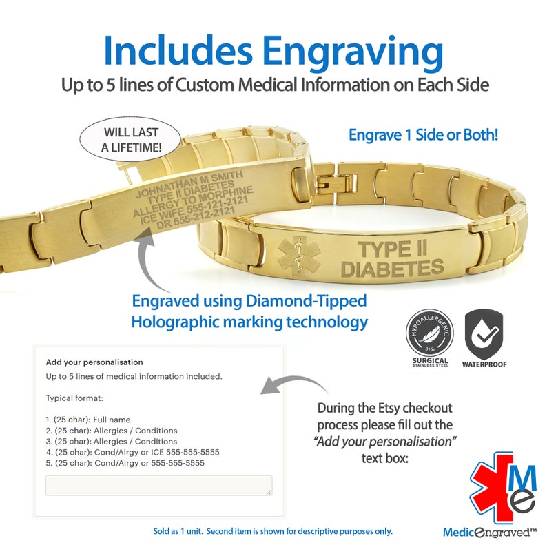 May include: A gold medical ID bracelet with a star of life symbol and the words "Type II Diabetes" engraved on it. The bracelet is shown on a white background with text that says "Includes Engraving" and "Up to 5 lines of Custom Medical Information on Each Side".