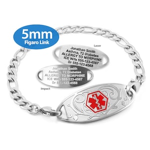 MedicEngraved® 5mm Figaro Link Bracelet in 316L Stainless Steel with Interchangeable Medical ID Tag (Star of Life) - Engraving Included