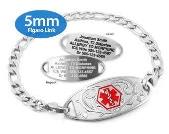 MedicEngraved™ 316L Stainless Steel 5mm Figaro Link Bracelet with Interchangeable Medical ID Tag (Star of Life) - Engraving Included