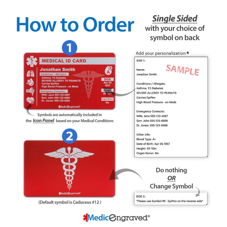 K&ouml;nnte beinhalten: Eine rote medizinische ID-Karte mit einem wei&szlig;en Caduceus-Symbol. Die Karte tr&auml;gt den Text "MEDICAL ID CARD" und "Jonathan Smith". Die Karte enth&auml;lt auch einen Abschnitt f&uuml;r medizinische Bedingungen und Notfallkontakte. Die Karte ist Teil einer Anleitung zum Bestellen einer personalisierten medizinischen ID-Karte.