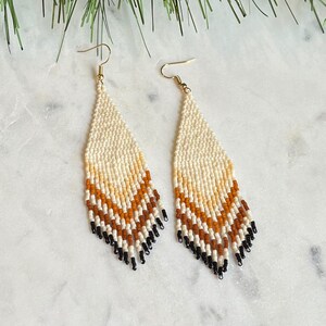 Beaded Ombre Fringe Earrings | Natural x Ivory | Handwoven Earrings | Seed Bead Earrings