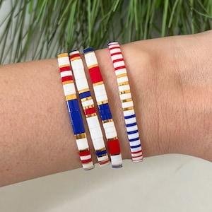 Red White & Blue Stackable Beaded Bracelets | Glass Tile Bracelets | Tila Bracelets | Patriotic | Miyuki Tila | Stretchy Elastic Bracelet